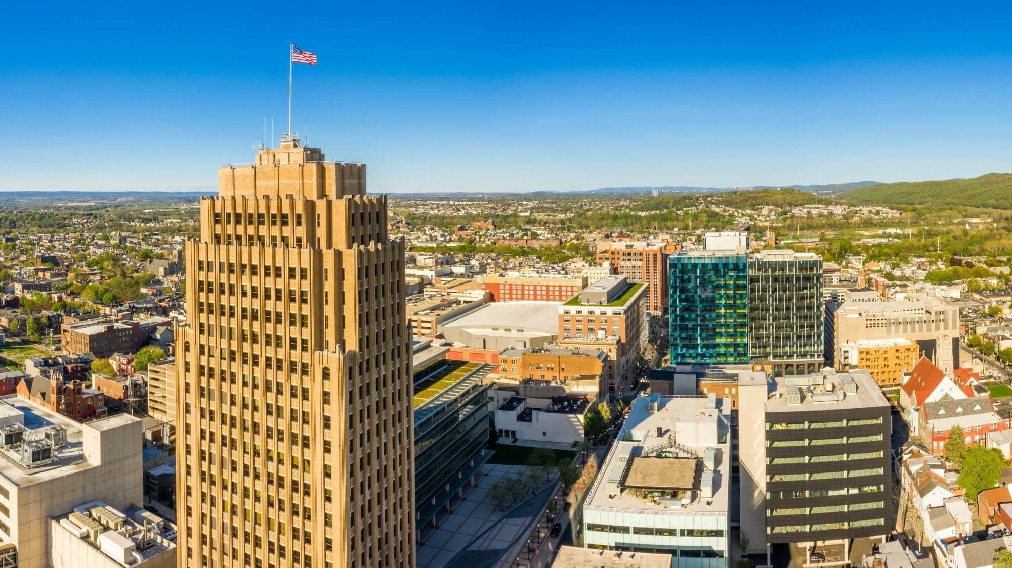 Aerial view of downtown Allentown, Pennsylvania, on a clear day
